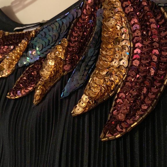 Black Layered Dress, Gold Sequin Collar, Asymmetrical Hem - Picture 4 of 4